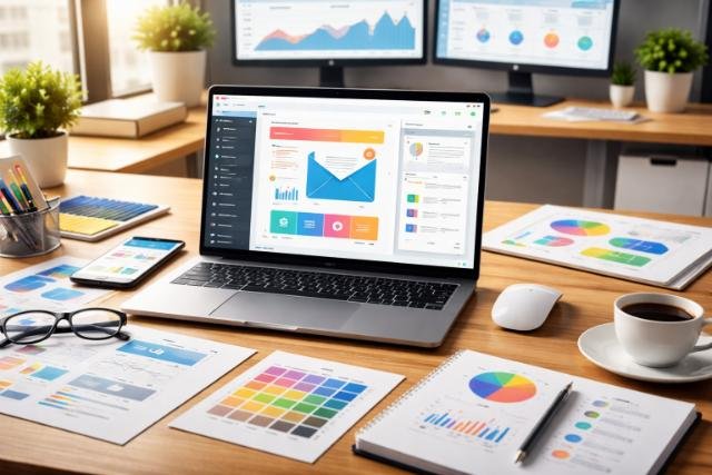 Email design dashboard on laptop with charts and digital marketing tools on desk.