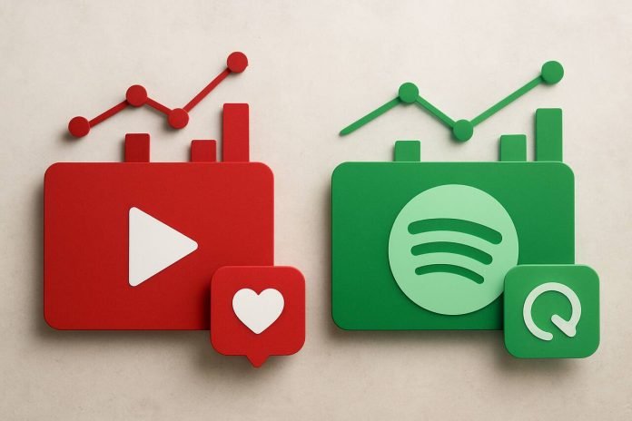 Realistic comparison concept showing abstract media elements representing YouTube Recap and Spotify Wrapped.