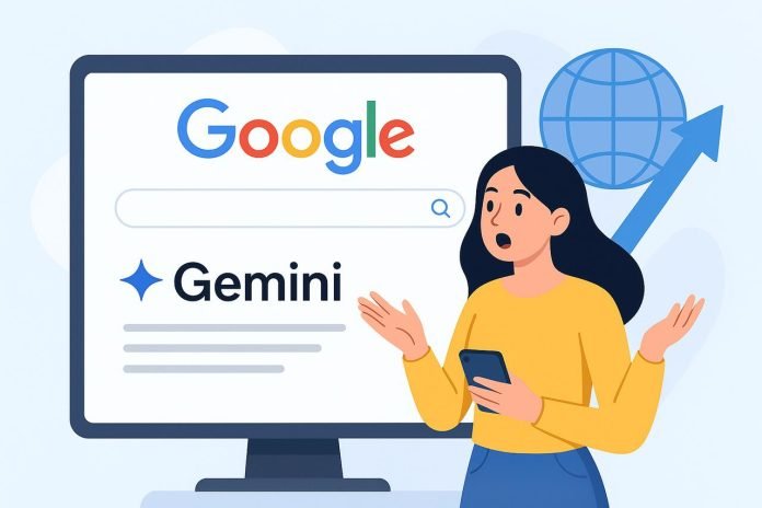 Gemini Tops Google Search in 2025 What Went Behind the Global Surge Person using a smartphone in front of a Google search screen for Gemini