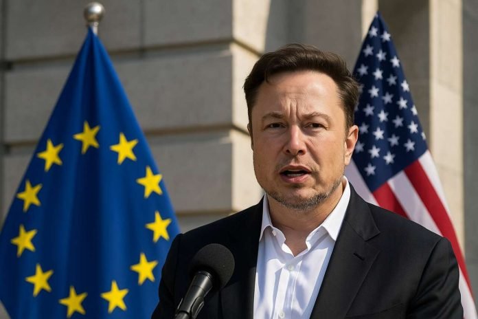 US Criticizes EU's Fine on Elon Musk's X Over Digital Services Act Violations Elon Musk speaking with EU and US flags in background.