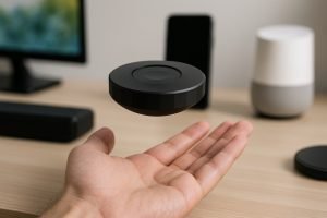 Levitating black sensor above hand with electronics in background.