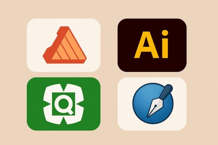 Logos of popular InDesign alternative layout design tools on beige background.
