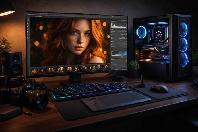 Best PC for Photo Editing: Complete Guide to Building a Fast, and Professional Editing Professional photo editing PC with custom RGB setup and monitor displaying a high-res portrait.