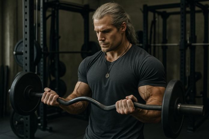 Geralt-inspired man lifting weights in a gym.