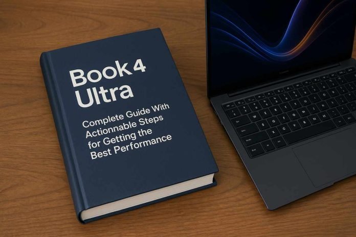 Samsung Book4 Ultra laptop with performance guidebook on desk