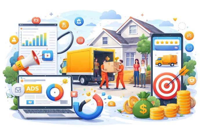 Complete Guide to Digital Marketing for Moving Services Digital marketing tools around movers unloading boxes from a truck.