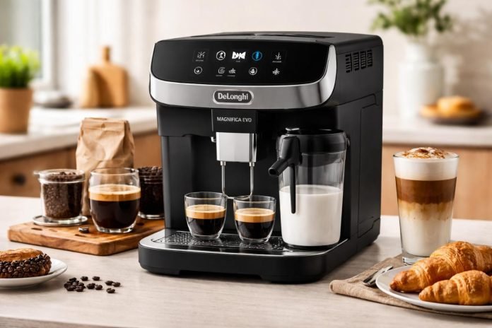 DeLonghi Magnifica Evo automatic espresso machine brewing coffee in a kitchen setting.