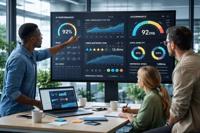 Analysts reviewing AI performance metrics on digital dashboards.