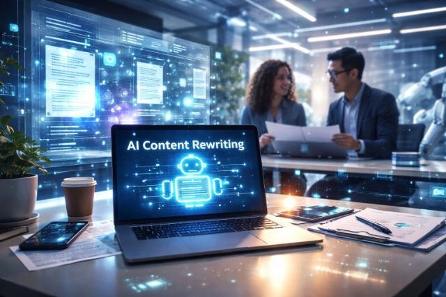 AI-powered content rewriting in a futuristic office setting.