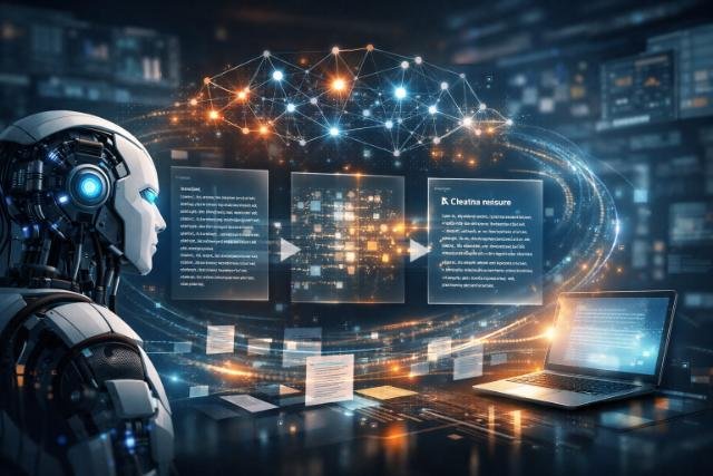 AI system transforming digital text with neural network visualization