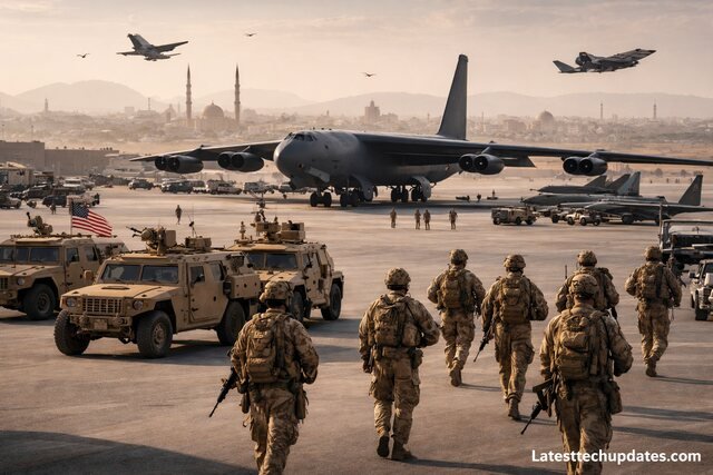 U.S. troops at a Middle East airbase with B-52 bomber and military vehicles.