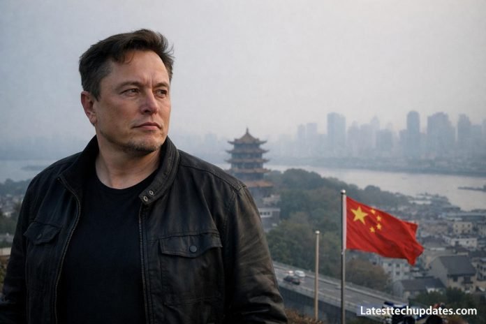 Elon Musk in front of a Chinese city skyline with sunset and elderly couple.