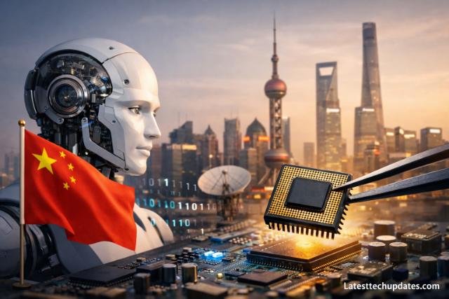 AI robot with microchip and China skyline