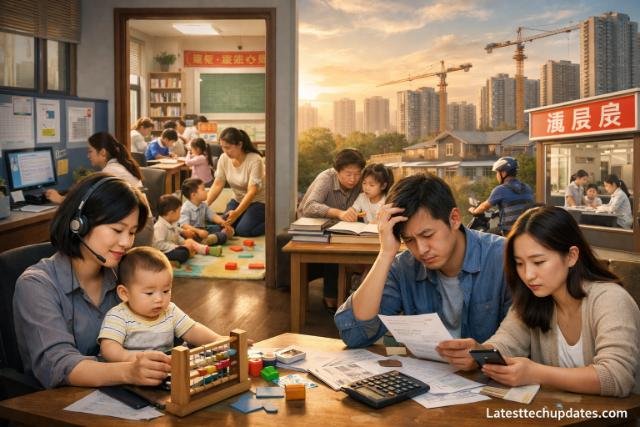 Chinese family facing birth rate challenges with urban backdrop