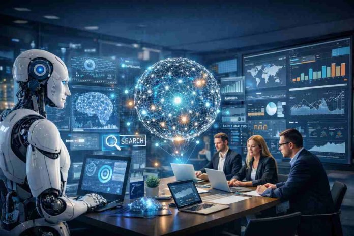 AI and professionals analyzing semantic SEO data in 2026.