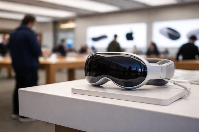 Apple Vision Pro headset on display in Apple Store.