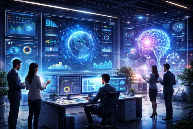 Enterprise team analyzing SEO and AI trends with futuristic technology.
