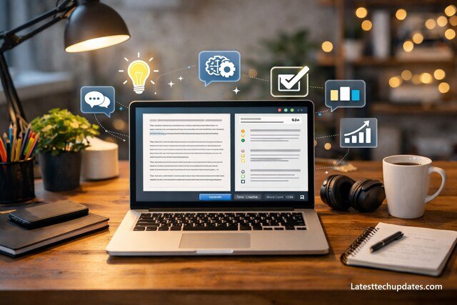 AI writing tool interface on a laptop surrounded by productivity items.