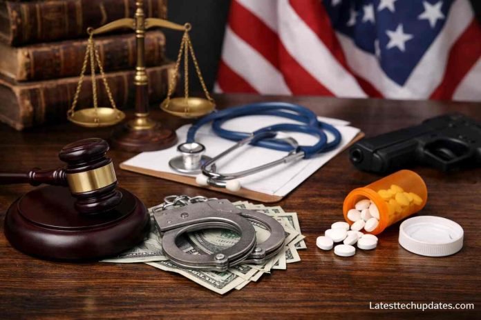 Healthcare fraud penalty concept with gavel, handcuffs, stethoscope, and legal symbols.