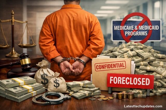 Handcuffed person facing piles of cash and legal symbols representing healthcare fraud penalties