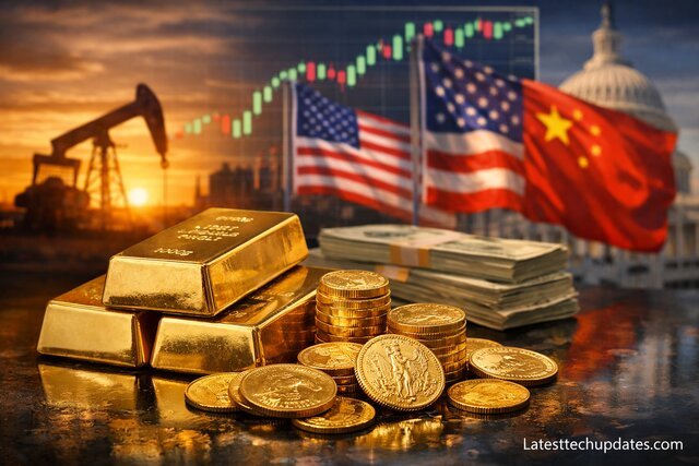 Gold bars and coins with US and China flags and financial backdrop.
