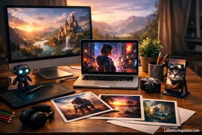 Free AI Image Generator Tools You Can Use Today to Create Stunning Visuals Workspace with AI-generated images on digital devices and prints
