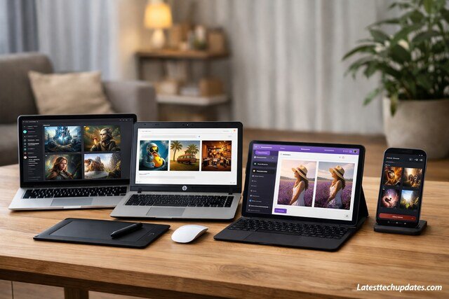Devices displaying AI image generators on a tech workspace.