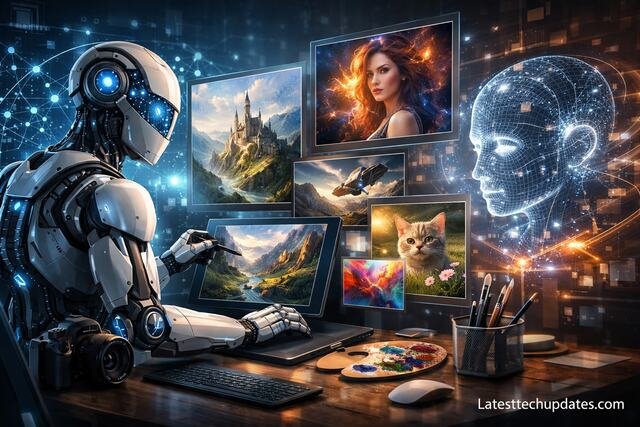 AI generating digital images using neural networks and creative tools.