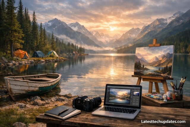 Creative workspace by a mountain lake at sunset with laptop, painting easel, and camping gear.