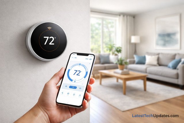 Smart thermostat controlled by phone in a modern living room.