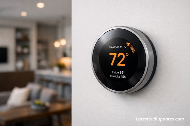Smart thermostat on wall in a modern home interior