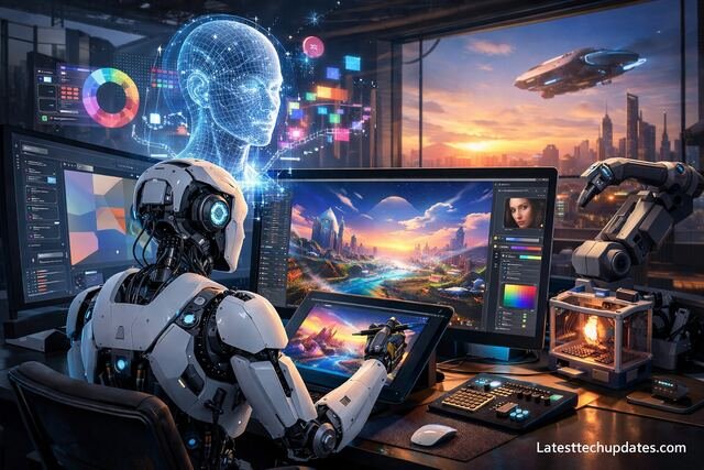 AI robot designing digital artwork in a futuristic studio