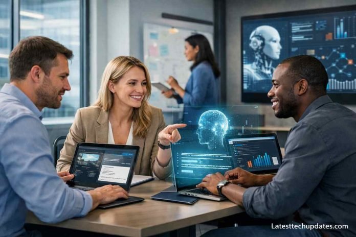 Why Generative AI Enhances, Not Eliminates, White-Collar Professions White-collar professionals using generative AI tools in a modern office.