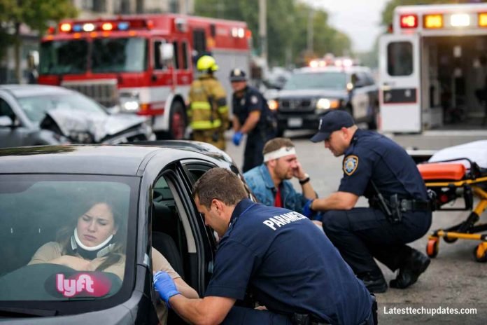 What Should I Do if I'm Injured in an Uber or Lyft? Paramedics assist injured Lyft passenger after accident with police and ambulance on scene.