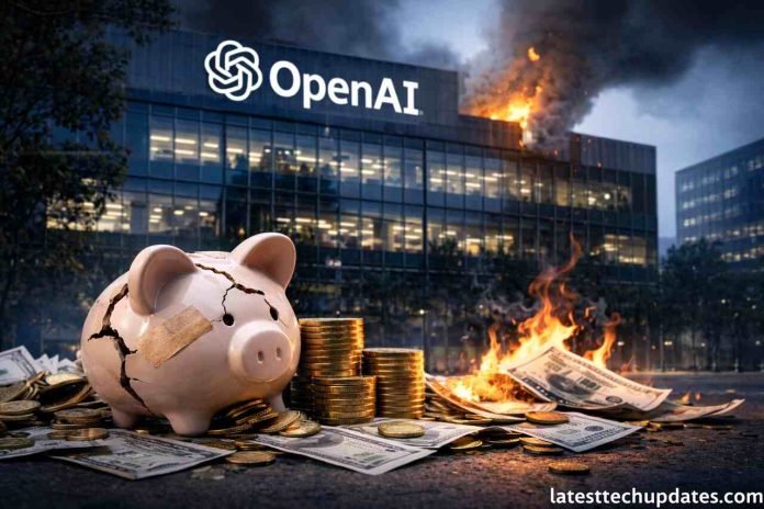 Cracked piggy bank and burning cash in front of OpenAI building