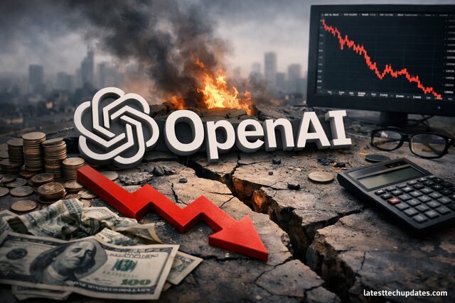 OpenAI financial crisis 2026 with fire, money, and declining chart.
