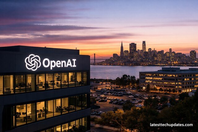 OpenAI headquarters at sunset with San Francisco skyline in background.