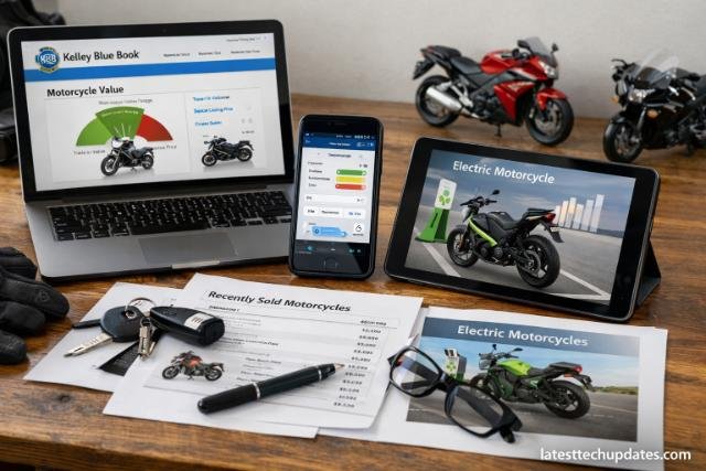 Motorcycle valuation tools on laptop, phone, and tablet comparing gas and electric bikes.