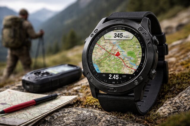 Garmin Tactix Charlie smartwatch showing GPS map in mountain terrain.