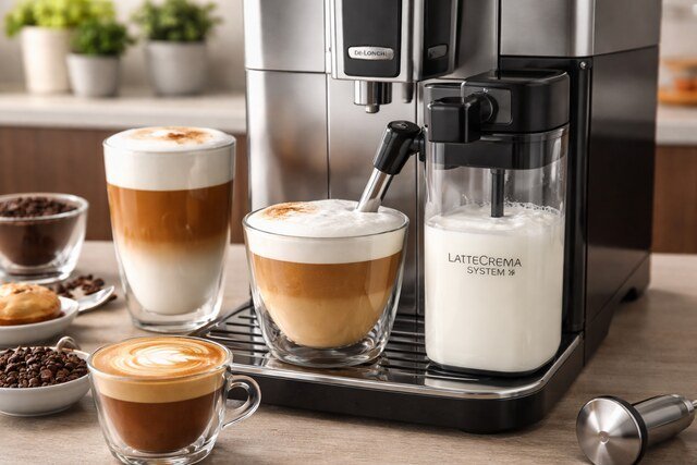 LatteCrema System frothing milk beside coffee drinks on espresso machine.