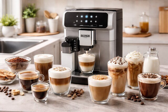Magnifica Evo coffee machine with multiple coffee beverages on counter.