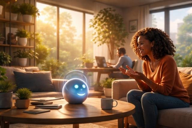 Woman talking to a spherical AI assistant in a cozy living room setting.