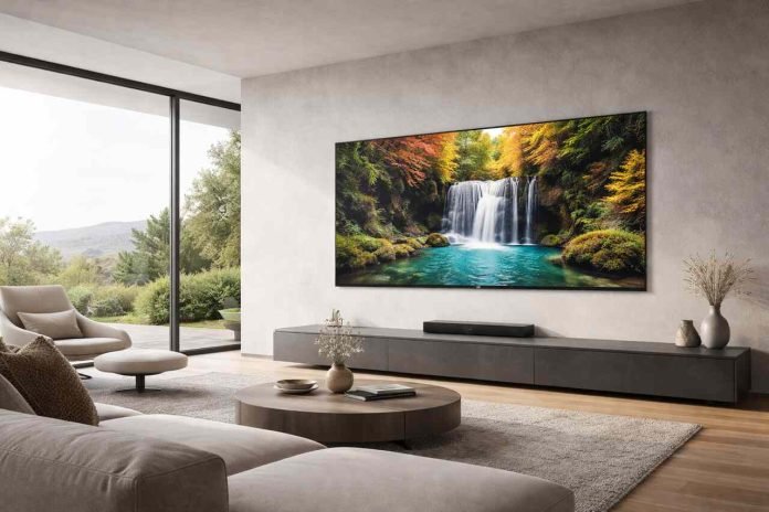 LG True Wireless Wallpaper OLED TV in a modern living room setup.