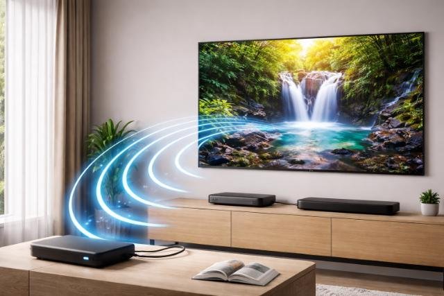 Zero Connect Box wirelessly transmitting 4K video to a wall-mounted OLED TV