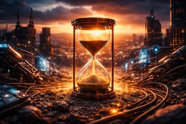 Hourglass amid robots and wires symbolizing shrinking AI safety window.