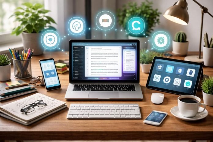 AI writing tools on laptop and tablet at a blogger’s desk.