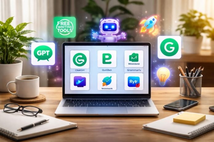 Top Free AI Writing Tools That Require No Credit Card Laptop showing free AI writing tools like ChatGPT, Grammarly, and Quillbot on screen in a modern workspace.