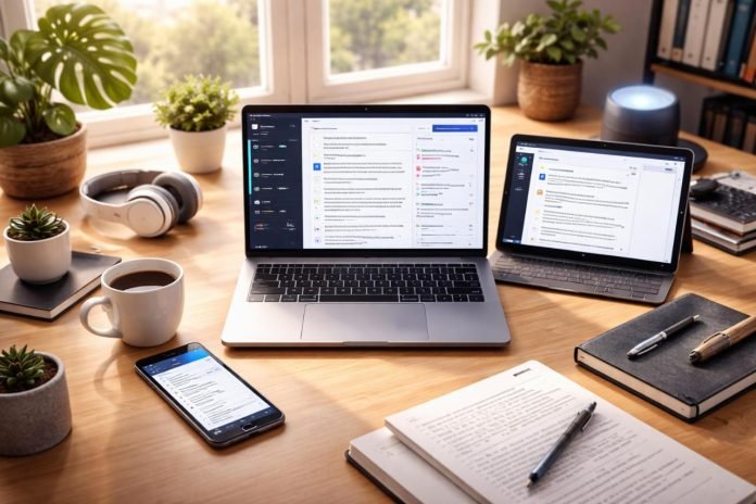 AI-powered writing workspace with multiple devices and tools for content creation in 2026.