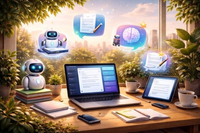 AI writing tools setup with laptop, robots, and glowing icons in a creative workspace.