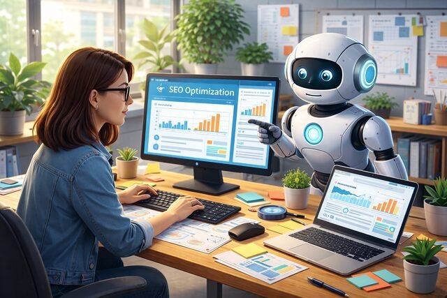 Woman and AI robot optimizing SEO content on computer.